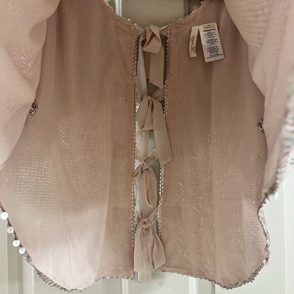 Aryn K Wom Sz Med Matte Sequin Champagne Short Sleeve Poncho Coquette Bow EUC - Picture 12 of 15